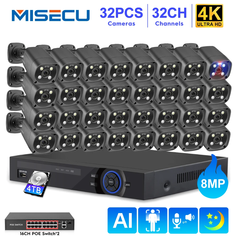 

Misecu Outdoor 32CH 4K 8MP CCTV Video Surveillance Set Two-Way Audio Face Detect Color Night Vision POE Security Camera System