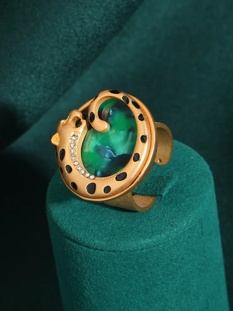 Vintage Leoparden-Grün Naturstein Schmuckringe Abalone-Muschel Elegante Goldfarbe Luxus Designer Marken Strand Täglicher Schmuck 2026