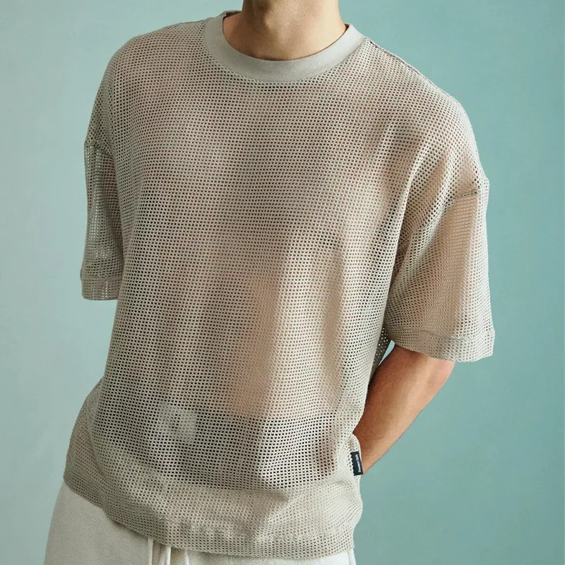 2024 Loose Casual Openwork Mens Sweater Solid Color Slim T-shirt Pullover for Men