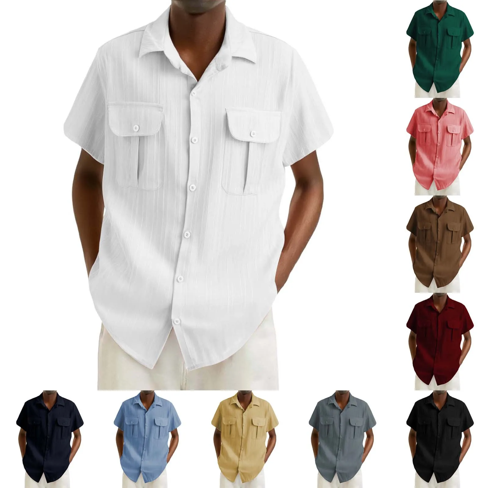 Summer Men's Solid Color Casual Short Sleeve Button Cardigan Sports Loose Lapel Men's Shirt