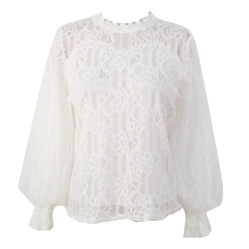 Mesh Lace Women Blouse Fashion Office Lady Long Sleeve Elegant Shirts Casual Loose Sweet Tops