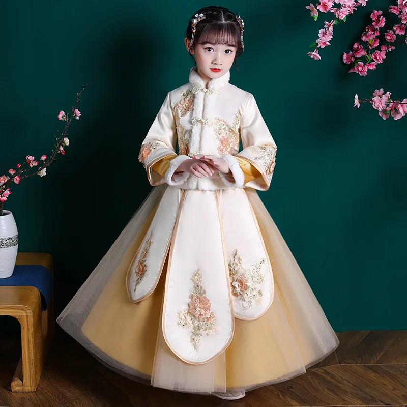 Meisjes Hanfu Nieuwe Jaar Kinderkleding Warm Cheongsam Chinese Tang Pak Kid Winter Plus Fluwelen Leuke Borduren Party jurk