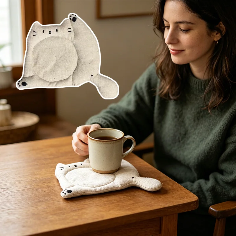 Cute Cartoon Cat Coaster Soft Fabric Coaster Insulation Pad Placemat Simple Beverage Coffee Mat Photo Decorate Kitchen Supplies