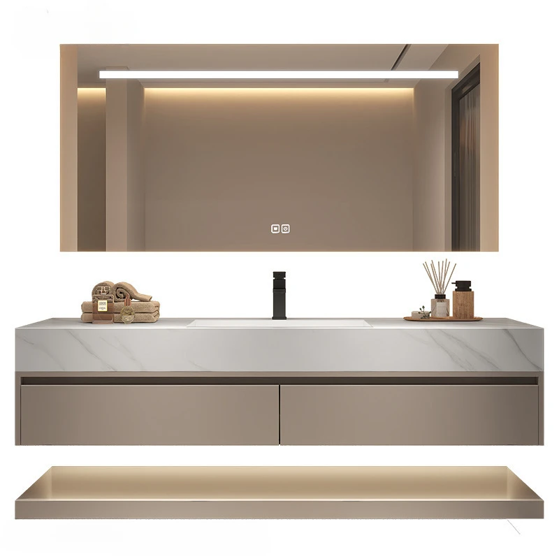 Minimalist modern seamless integrated rock slab basin, bathroom cabinet, washbasin