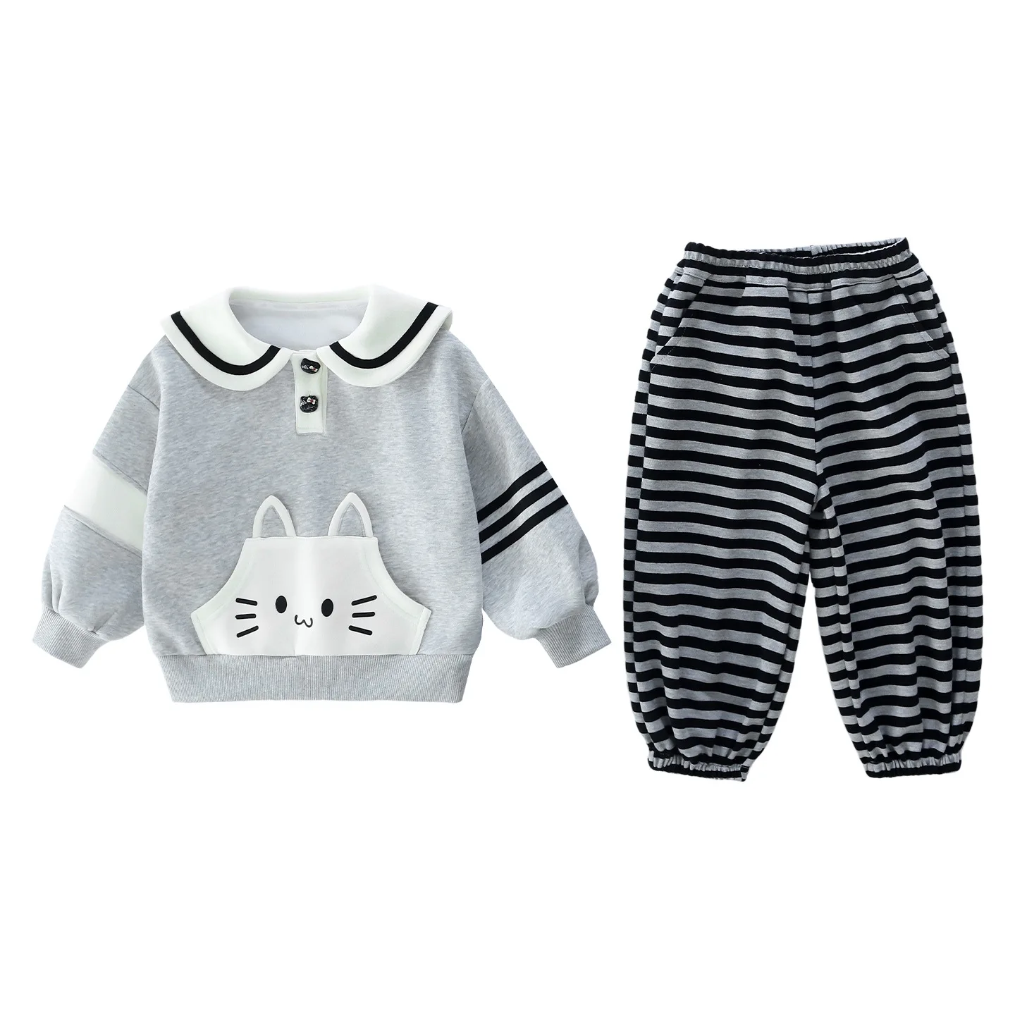 Bear Leader Spring and Autumn New Cartoon Children's Set Grey Girls' Clothes Cute Cat Collar Long Sleeve Top + Striped Pants