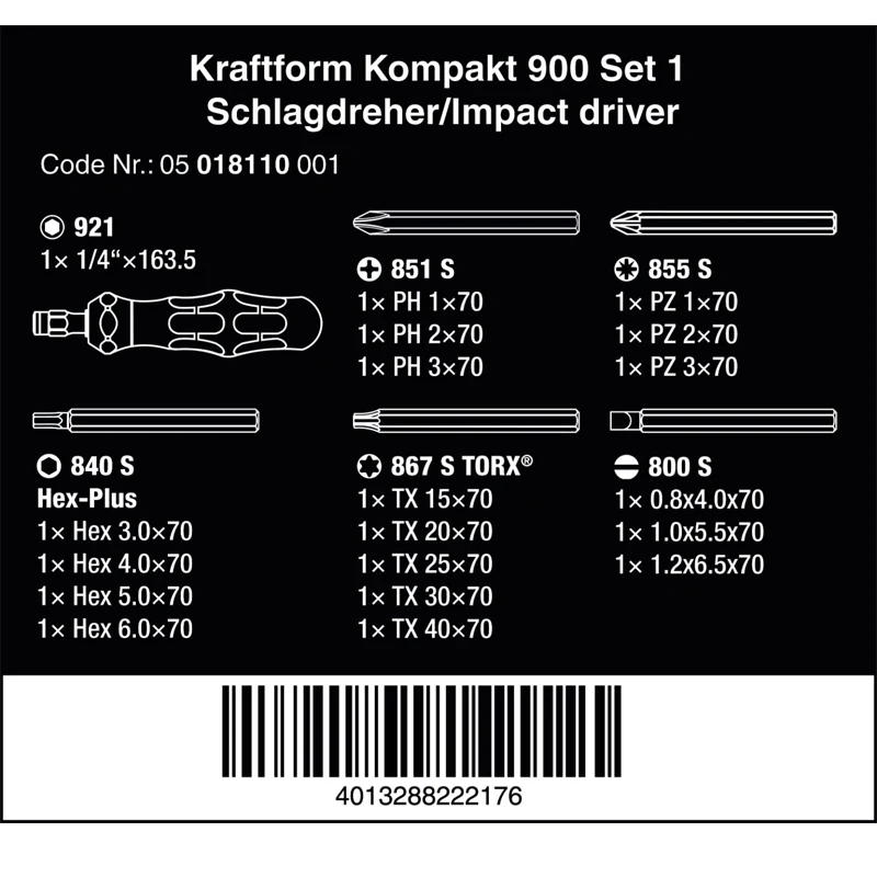 WERA 05018110001 Kraftform Kompakt 900 Impact Screwdriver Set Simple Operation High Quality Materials Exquisite Workmanship