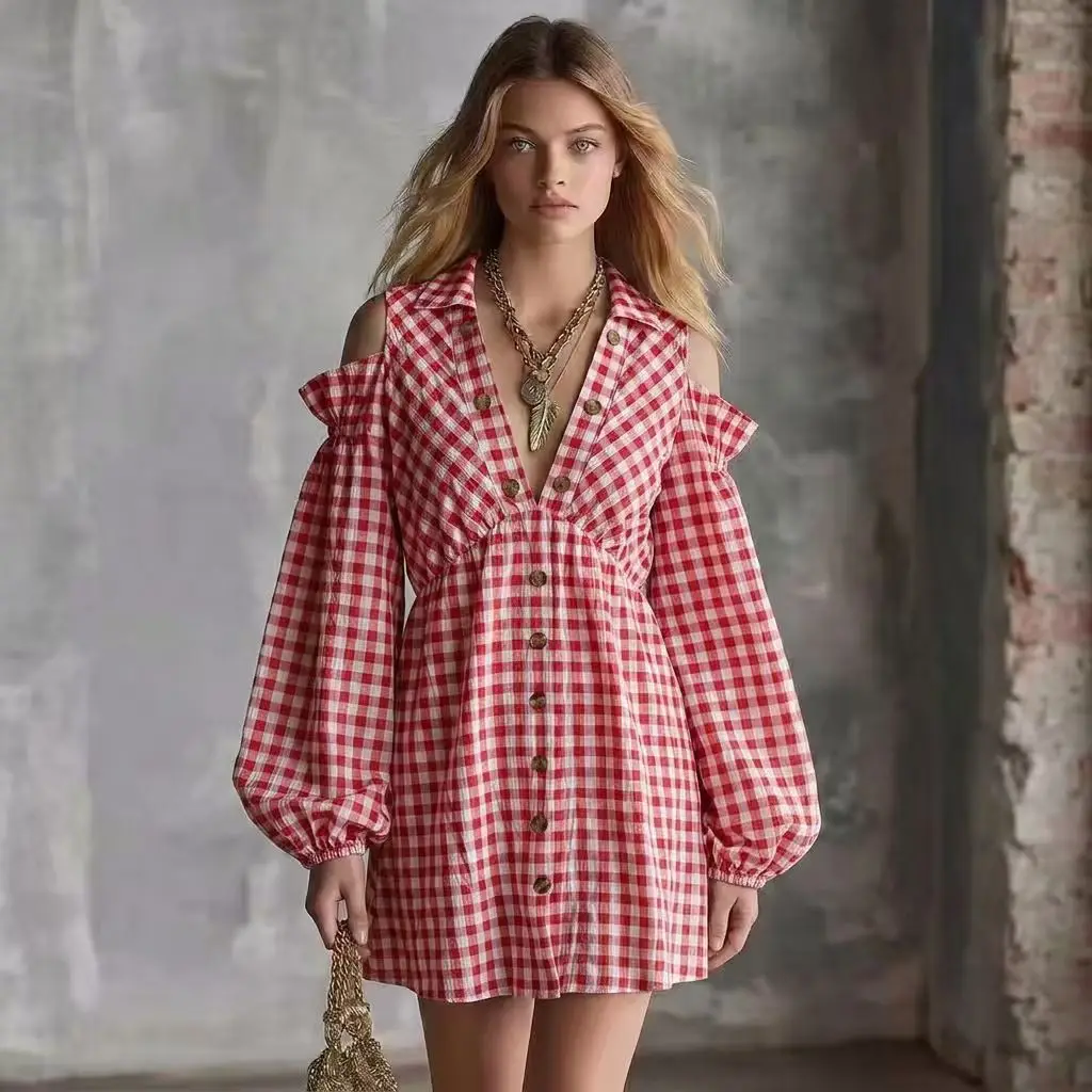 Damen Gingham Cold-Shoulder-Minikleid 2026 V-Ausschnitt Knopfleiste Lange Laternenärmel Gerüschtes Lässiges Urlaubs-Hemdkleid