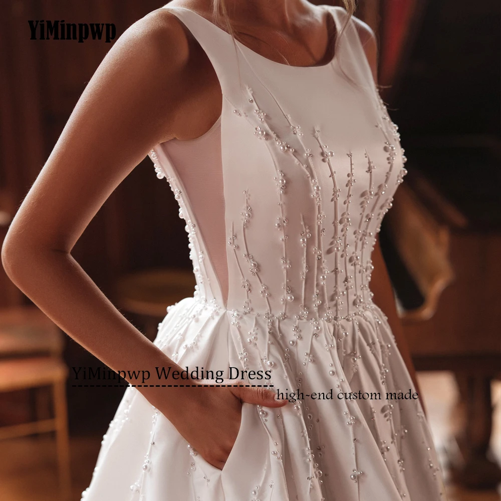 Customized Beading Scoop Neck Wedding Dresses 2025 Bride Pocket Backless A-Line Satin Vintage Bride Gowns vestidos de novia