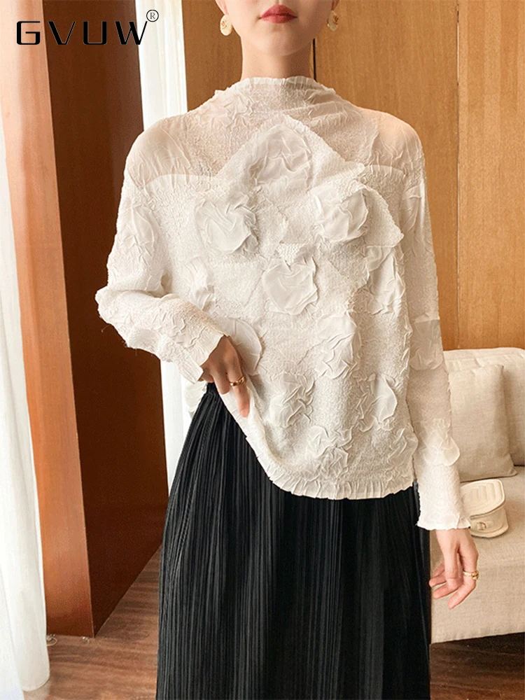 GVUW Pleated Translucent Solid Color T-shirts For Women Long Sleeve Loose Round Collar 2024 Summer Female Fashion Top 17D379