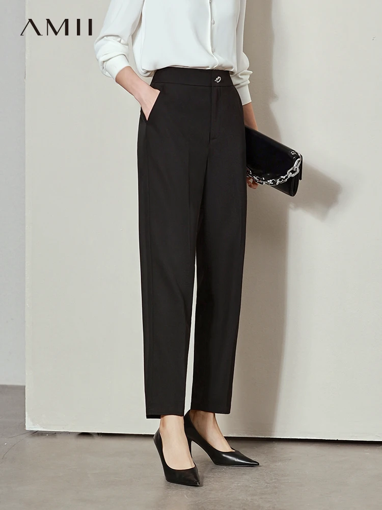 

Amii Minimalist Spring Suit Pants Office Lady High Waist Casual Pants Solid Chiffon Straight Pants Female Pants 12240064