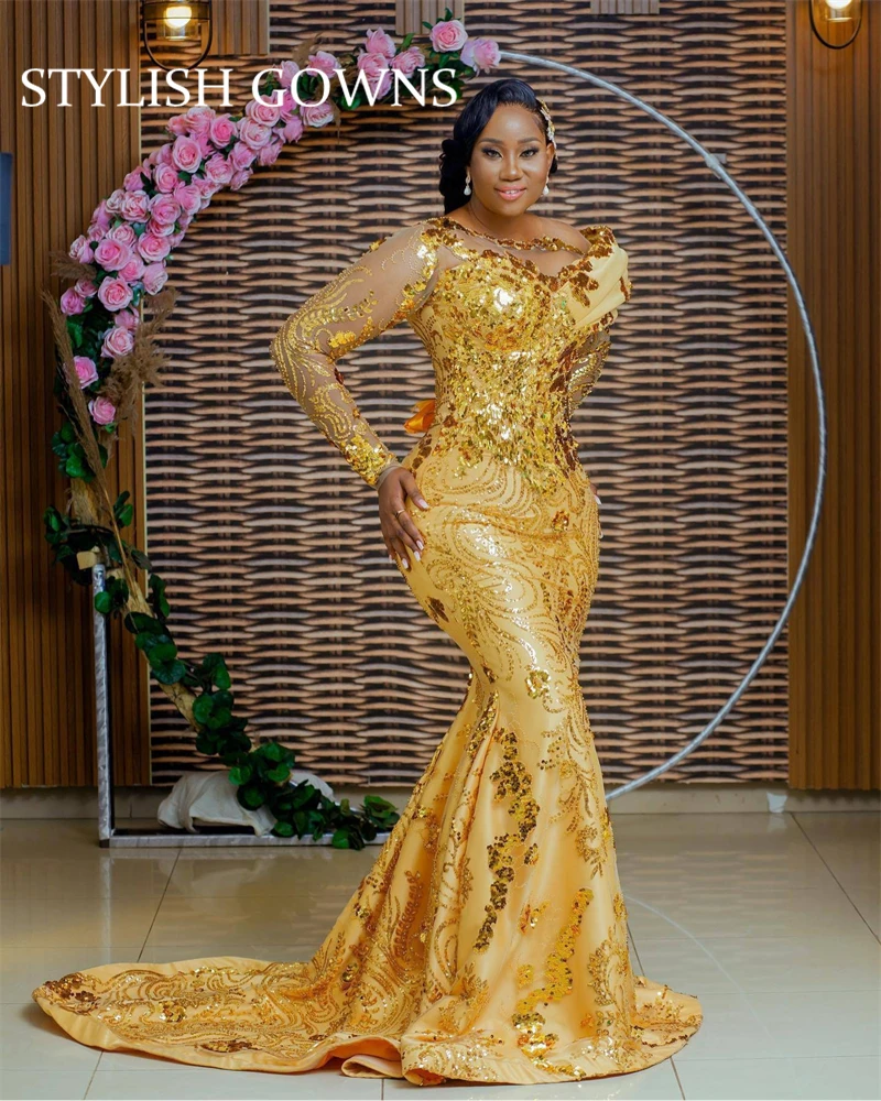 

Gorgeous Gold Evening Dresses African Formal Gowns with Sleeves Sequined Asoebi Wedding Guest Dress Applique Customized