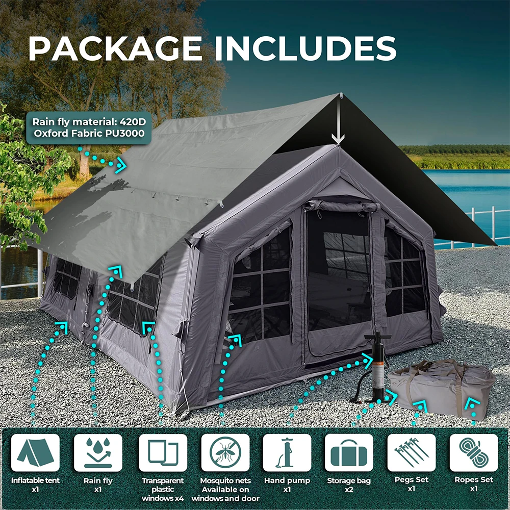 Inflatable Tent 4-8 Person 4-Season with Stove Jack Waterproof Oxford Fabric Luxury Camping Tent