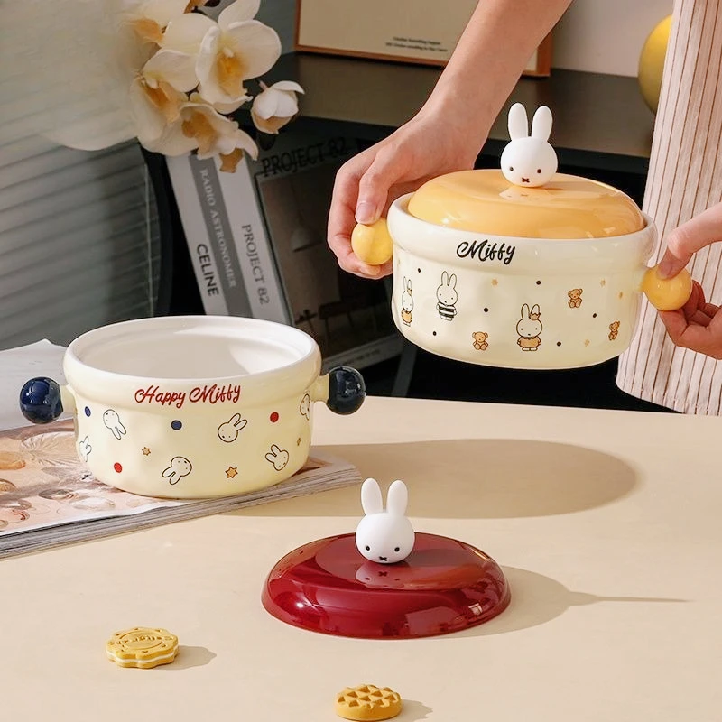 미피 귀여운 만화 세라믹 국수 그릇 뚜껑 포함 대용량 전자레인지 사용 가능 도시락 내구성 보온 사무실 및 가정용