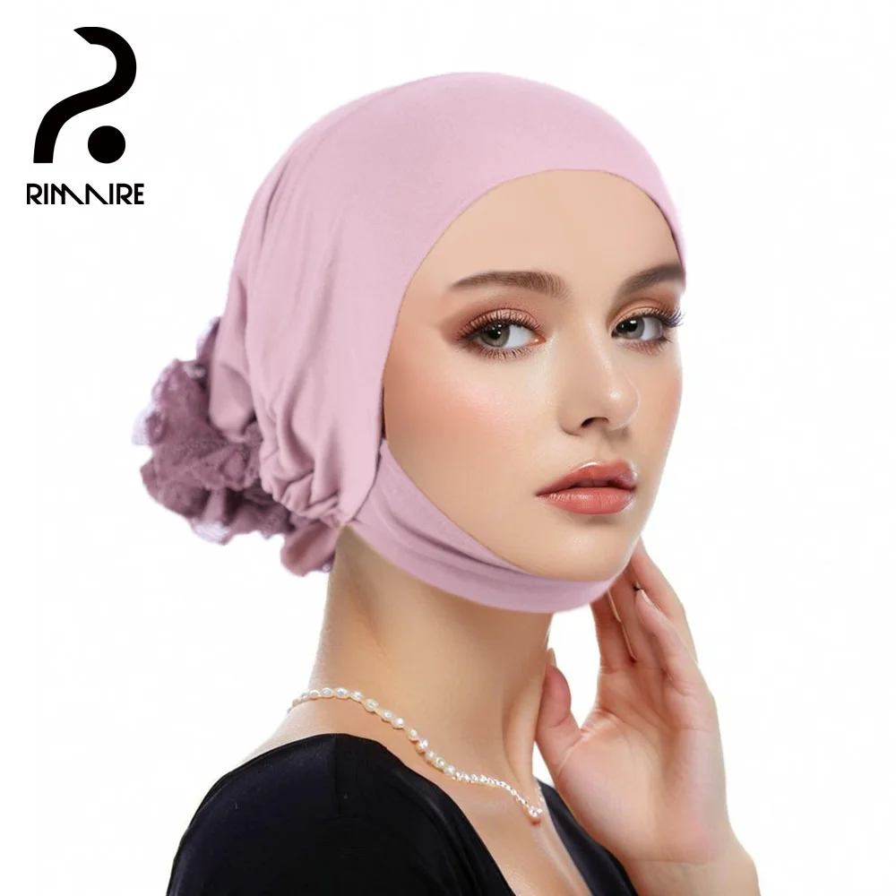 RIMAIRE New Flower Decoration Muslim Fashionable Inner Hijab Elastic and Comfortable Silky Cotton Hijabs for Women Headscarf