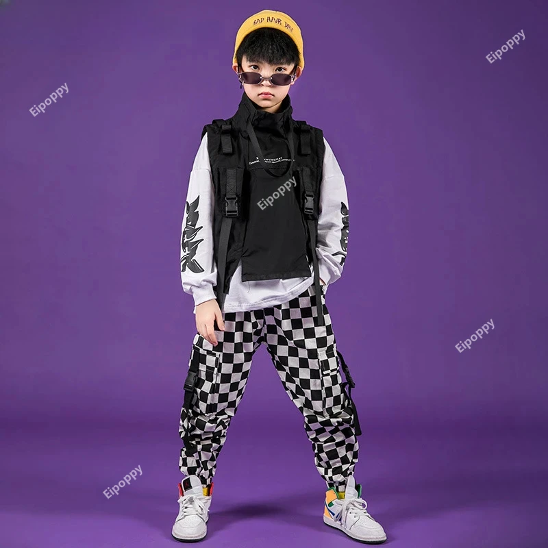 

Boys Hip Hop High Collar Vest Sweatshirt Plaid Joggers Outfits Girls Cargo Pants Clothes Sets Child Jazz Costume Kids Streetwear