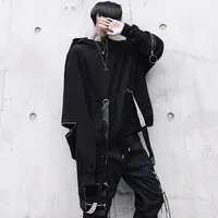 Autumn Collection Trendy Dull Black Knitted Zip-up Decorative Men's Hooded Sweatshirt Harajuku Style Loose-fit Jacket