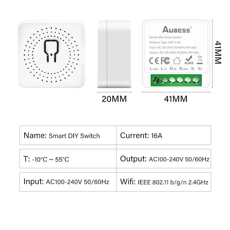 16A Mini Smart Switch Graffiti WIFI+Bluetooth Dual Mode Circuit Breaker with Smart Voice App Control Switch