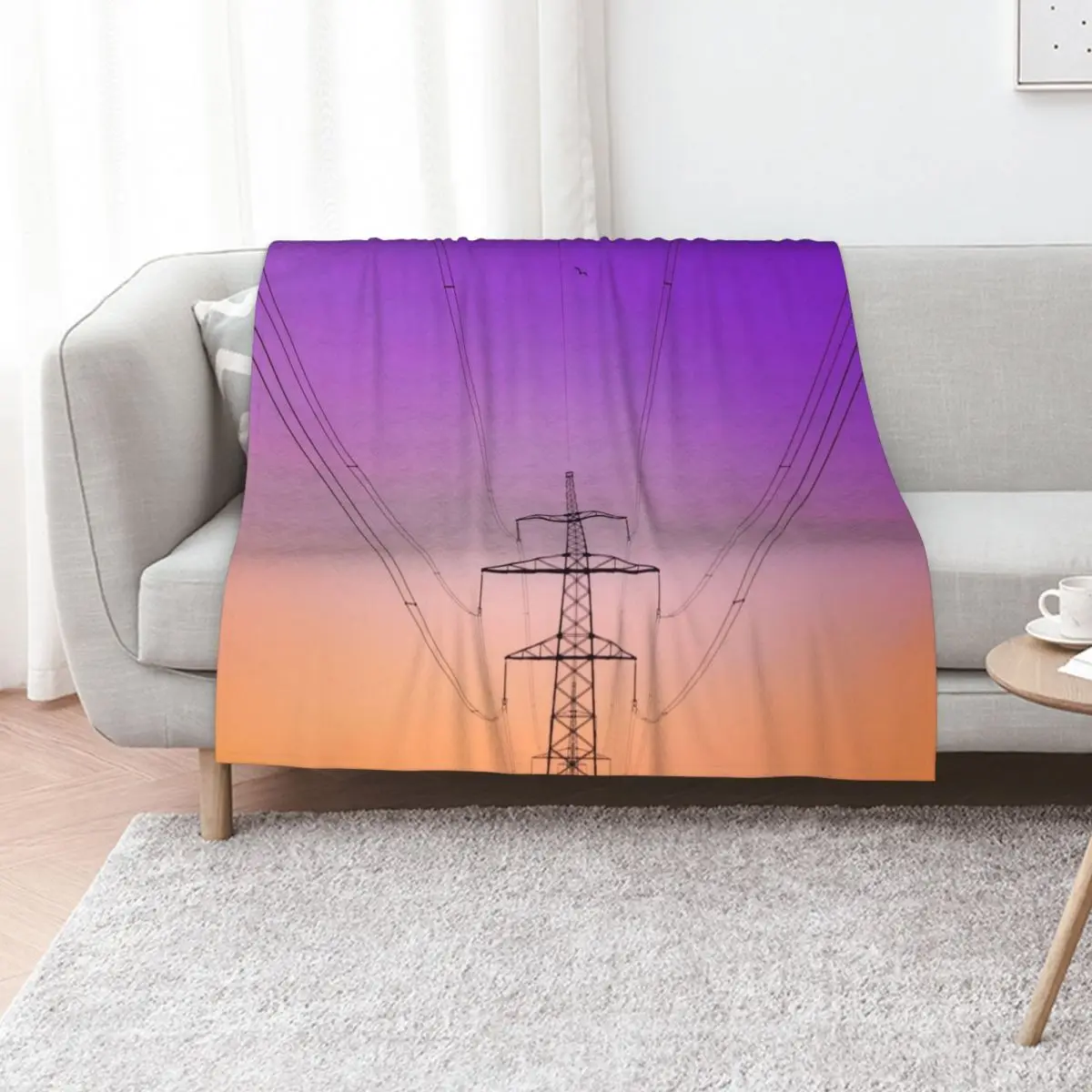 Electric Power Line Pylon With Purple And Orange Gradient Throw Blanket Cute Thermal Sleeping Bag Personalized Gift Blankets