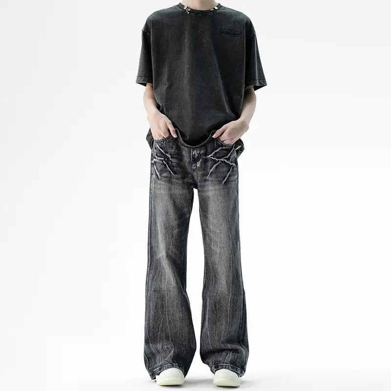 Men's Crack Pattern Design Vibe Casual Jeans Spring Vintage Wide Legs Sweatpants Male Bottom Cool Boy High Waist Y2k Trousers