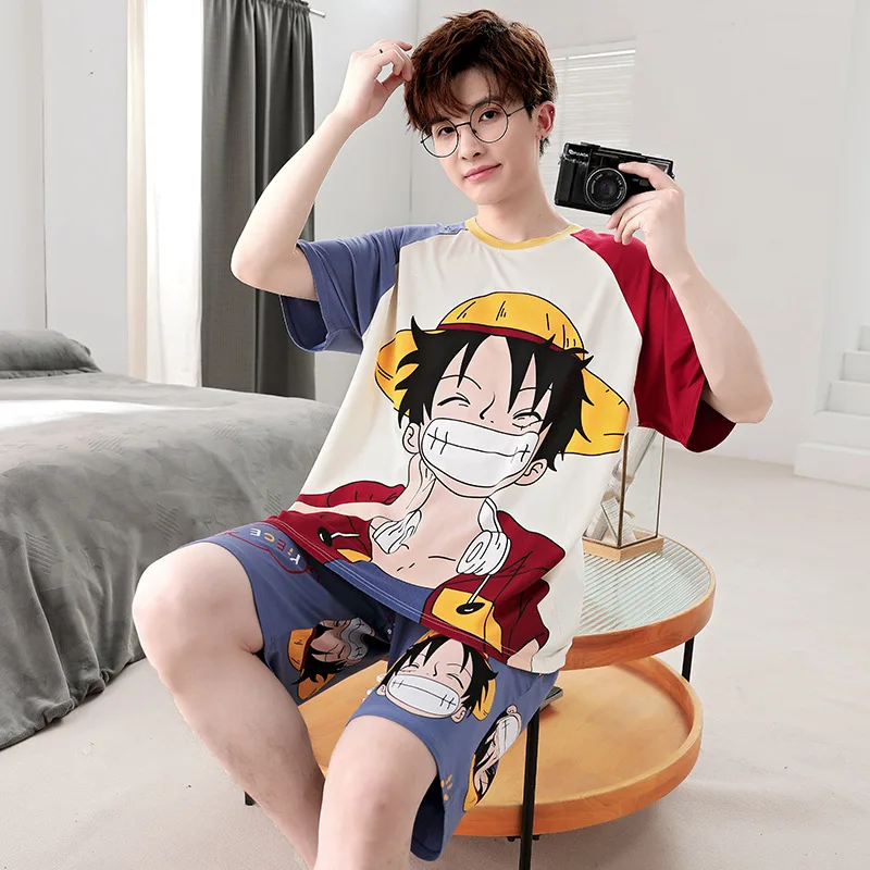 One Piece Luffy Modal Men Pajamas Set Summer Cool Ice Silk Short-Sleeved Trousers Large Size Homewear Suit Anime Peripheral Gift