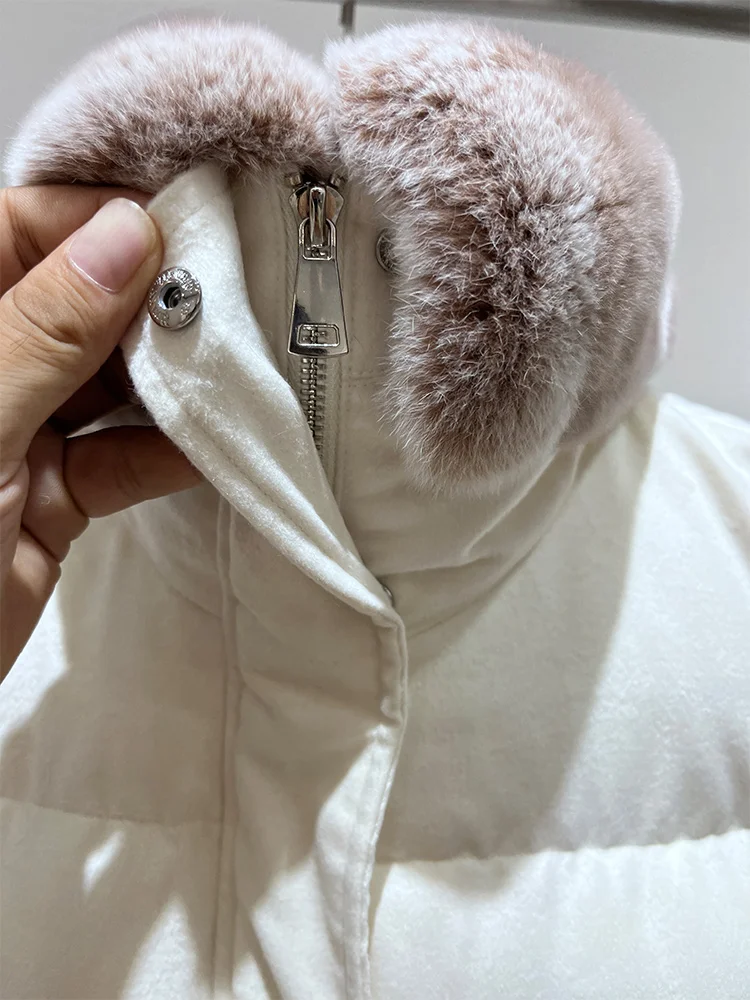 Women Winter Cashmere Wool Sleeveles Vest Rex Rabbit Fur Collar Goose Down Waistcoat Jacket Thick Female Outwear Puffer Coat