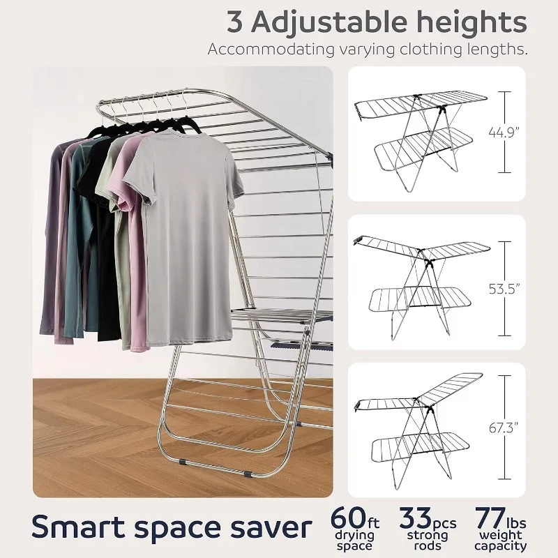 Clothes Drying Rack Foldable - 2 Level Stainless Steel Laundry Drying Rack with Height-Adjustable Wings, 33 Drying Rails