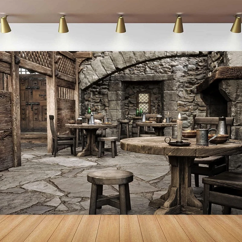 

Medieval Tavern Inn Photography Backdrop For Wooden Interior Tables Candle Light Fireplace Ancient Tavern Inn Bar Background