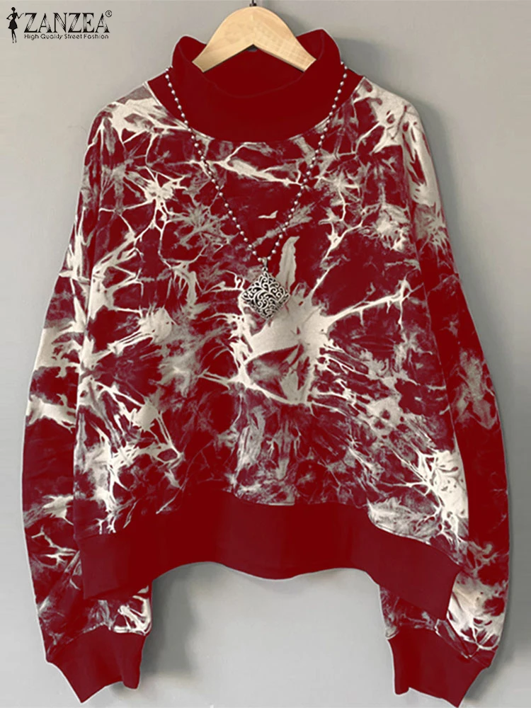 ZANZEA Women Tie-Dye Printing Sweatshirts 2024 Autumn High Neck Hoodies Holiday Jumpers Casual Long Sleeve Commuting Pullover