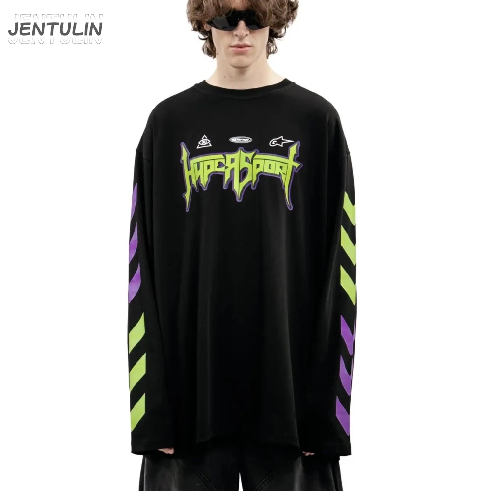 Oversized Men's Clothing Streetwear HYPERSPORT Print Autumn Hip Hop Korean Long Sleeve Y2k Top Cotton Graphic Unisex Tshirt Goth