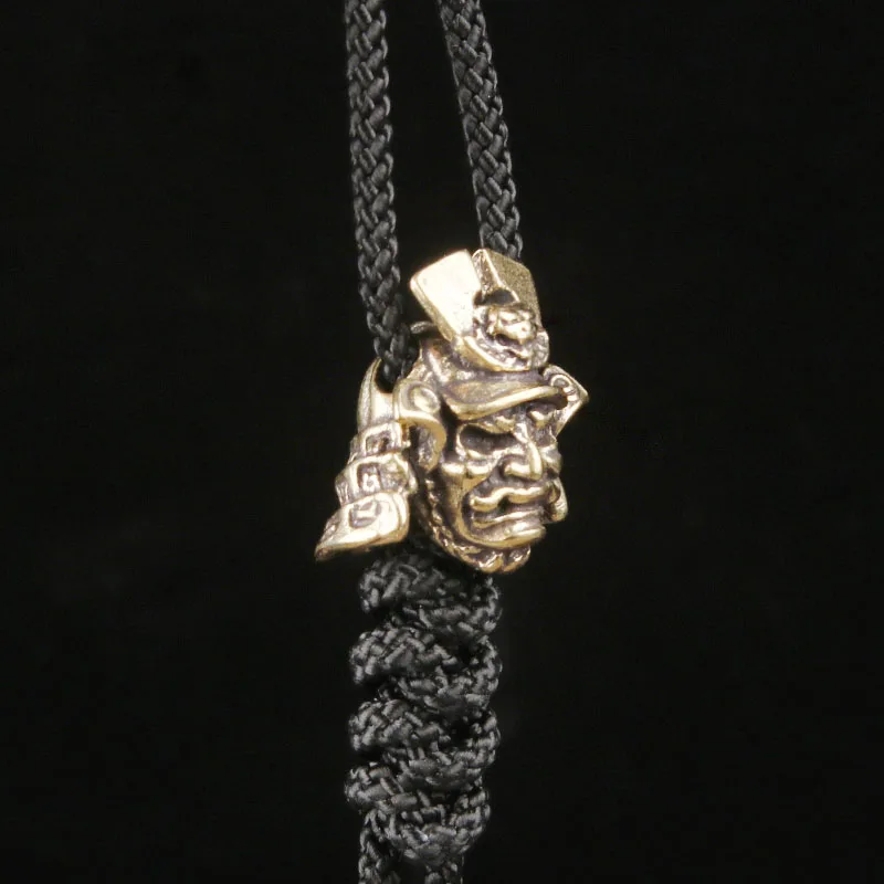 Solid Copper Samurai Helmet Paracord Bead EDC Knife Lanyard Pendant Keychain Charm Handmade Accessory Three-Way Spacer Bead