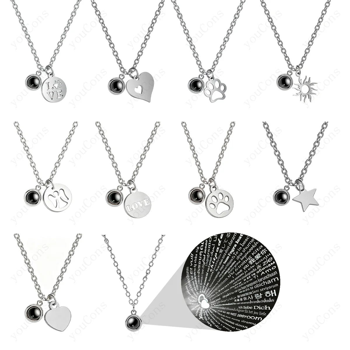 100 Languages I Love You Projection Necklace Round Pendant Hanging Stainless Steel Valentine's Mother's Day Gift For Women New