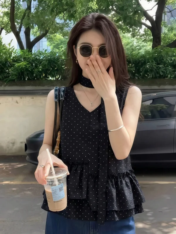 

Summer New plus Size Women's V-neck Polka Dot Strapless Top Loose Fit Casual Wear Neck Hanging Sash Sleeveless Outerwear