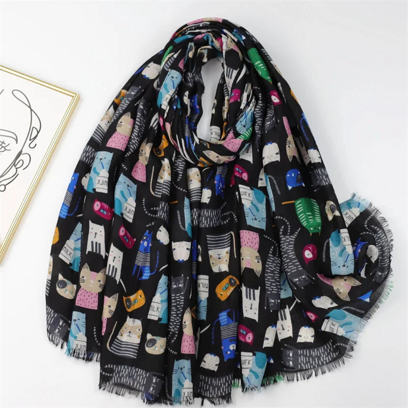 Cartoon Cute Milk Cat Printed Scarf Tassel Warm Viscose Shawl Scarf Long Lightweight Sunshade Shawls For Women Pashmina Stole