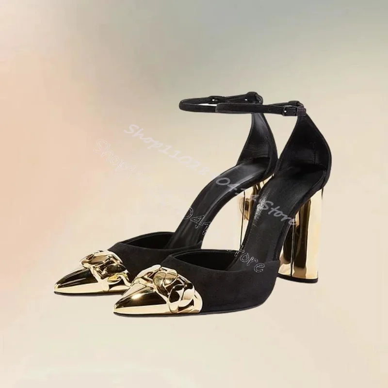 Złote szpilki z metalowym łańcuszkiem, odkryte palce, płytkie czółenka, pasek z klamrą wokół kostki, damskie buty na masywnym obcasie, seksowne buty imprezowe 2024, zapatos para mujer.