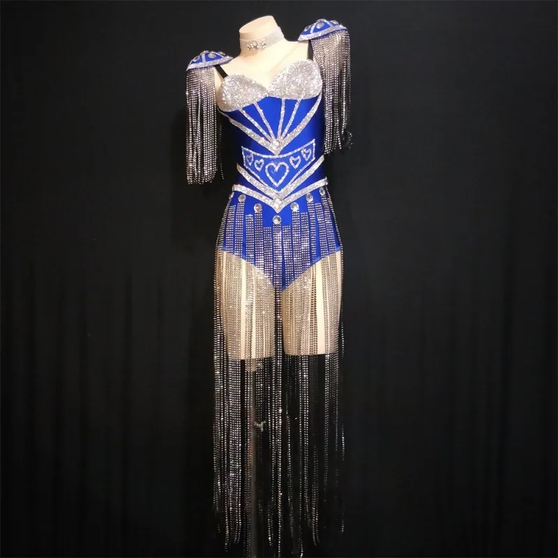 

Woman Dance Dress Heart Tassel Party Rhinestone Long Tassel Holloween Waist Tight Sexy Jumpsuit Stage Performance Costume