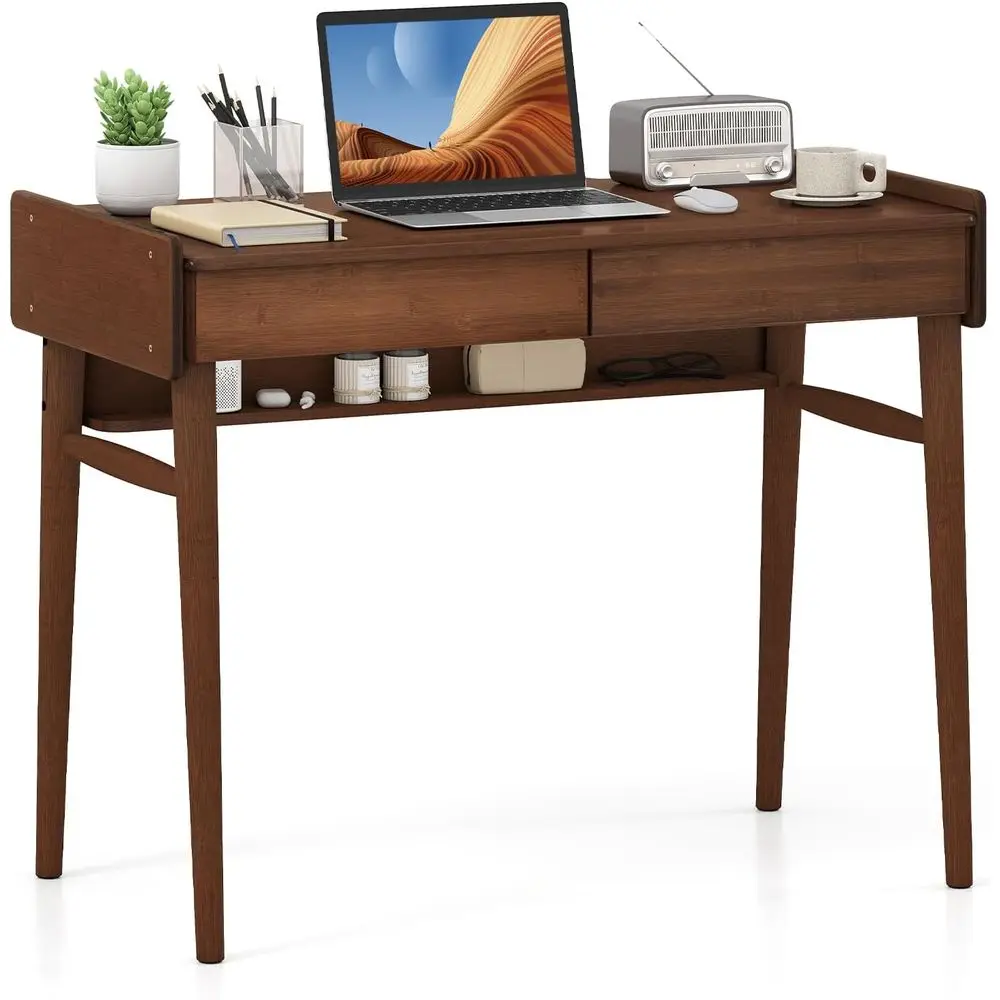 

39.5 Bamboo Desk with 2 Drawers and Open Shelf, Makeup Vanity, Vintage Writing Table, Walnut Finish