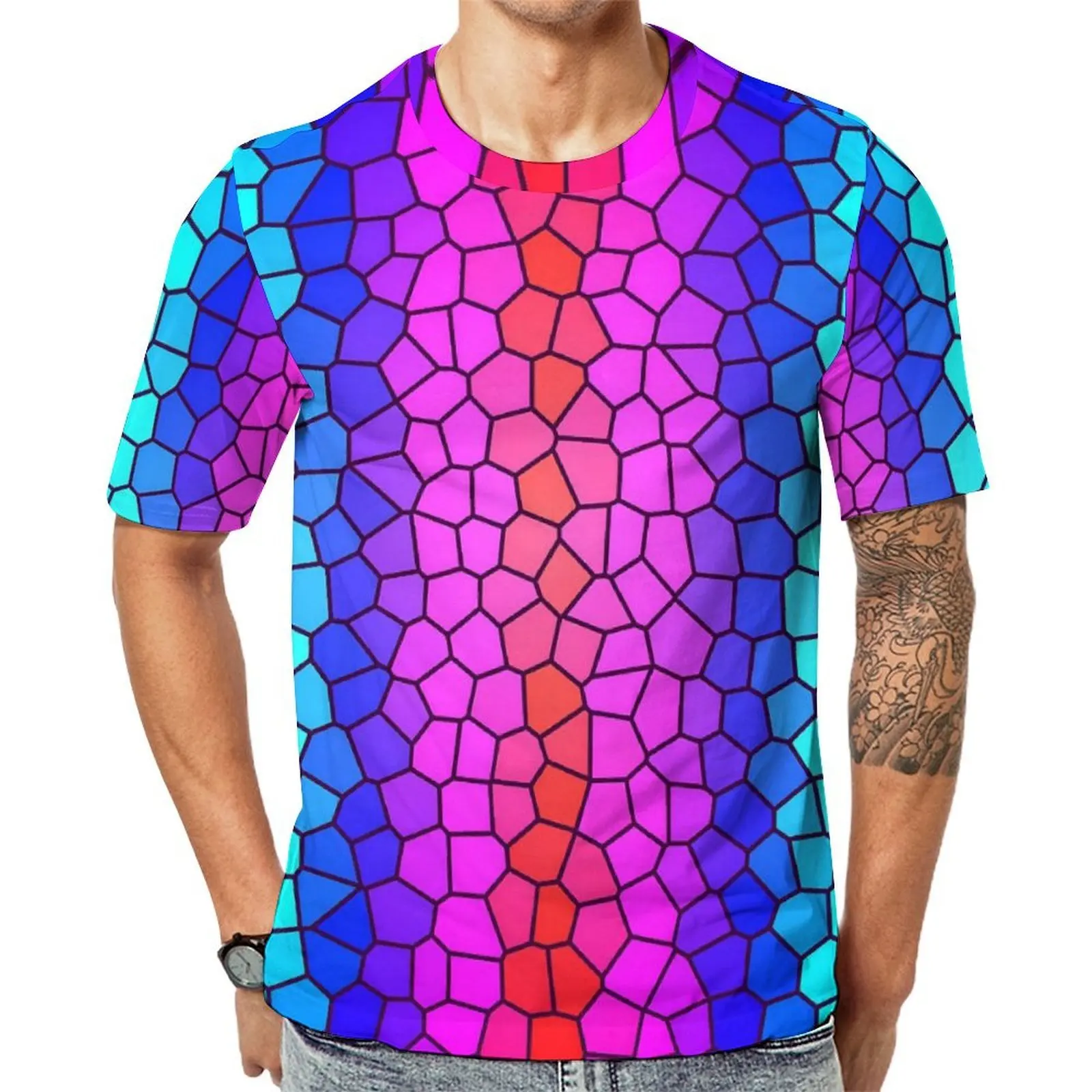 Big Size T Shirt Summer Abstract Rainbow T Shirts Stained Glass Print Kawaii O Neck Tee Shirt Mens Hip Hop Printed Top Tees