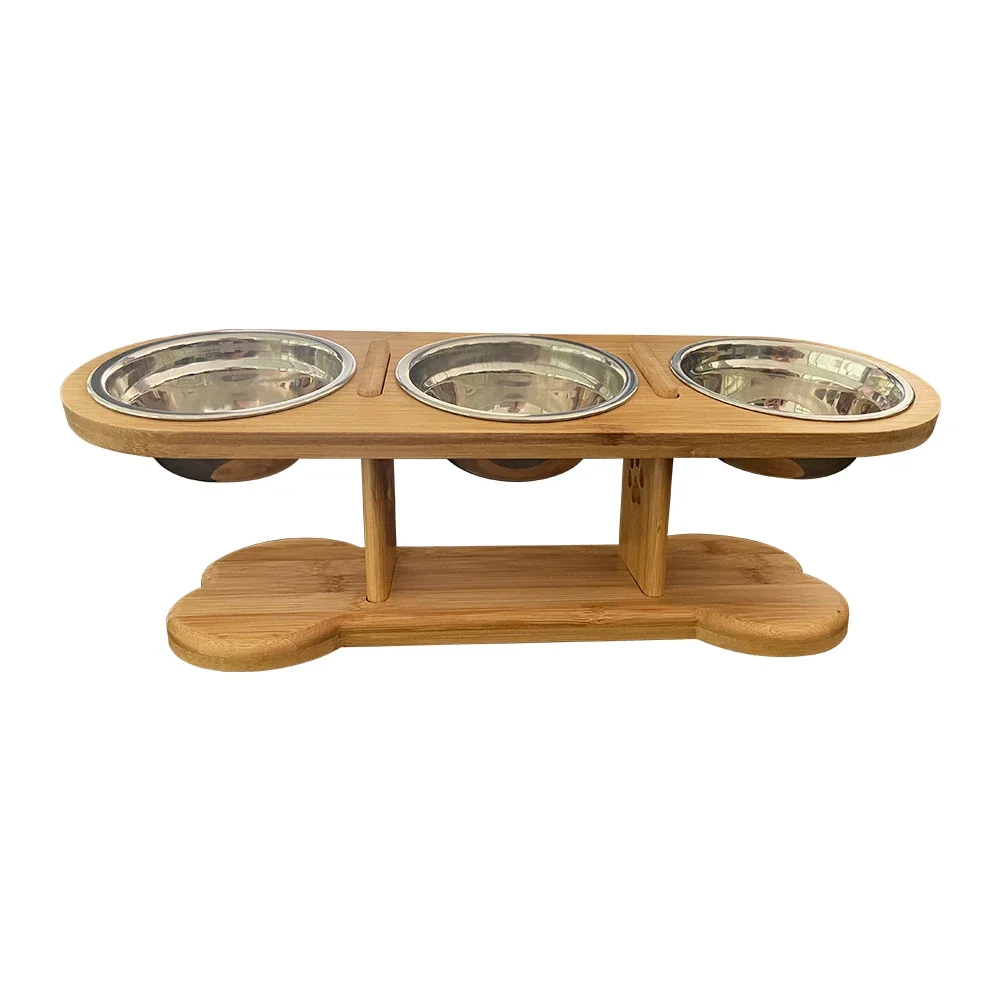 Height Enhancing Dog Bowls Protect Pet Cervical Spine 3 Stainless Steel Bowls Removable Durable Bamboo Feeder Dog Accessories