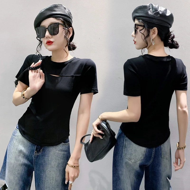 Madblack Zomer Europese Kleding Tshirt Vrouwen Sexy O Necks Hollow Out Slim Tops Met Korte Mouw Basic Tees Nieuwe 2023 T34445C