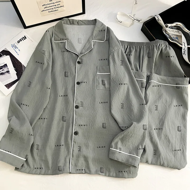 ضوء فاخر خمر Instagram-Style الرجال سحابة القطن ملابس غير رسمية الربيع/الخريف بيجامة مجموعة قطعتين مجموعة استرخاء #4