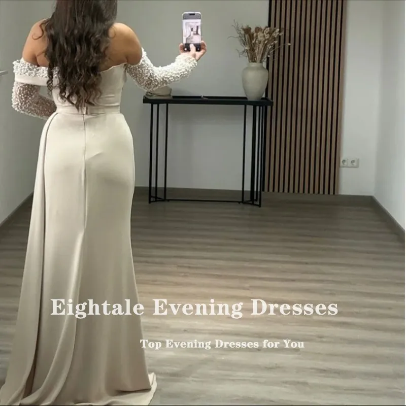 Suknia wieczorowa Eightale w stylu arabskim, muzułmańska suknia balowa, szyta na miarę, bez ramiączek, z długimi rękawami, zdobiona perłami, w kolorze szampana, suknia na przyjęcie weselne.