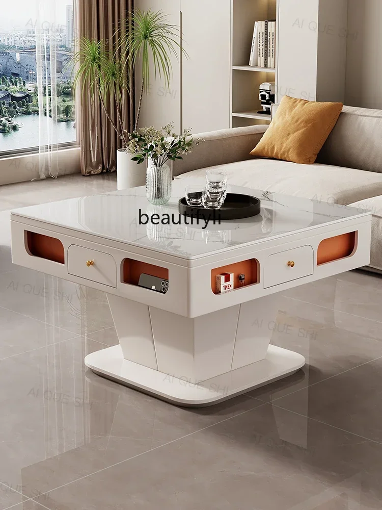 Fully automatic multi-functional lifting mahjong table dining table dual-purpose modern simple silent rock slab coffee table