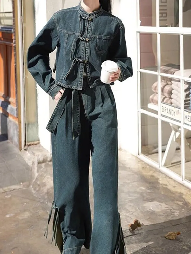 

Retro Chinese Style Denim Set Women's Long Sleeve Open Cardigan Jacket Wide Leg Pants Two Piece Set Spring Autumn New Arrival