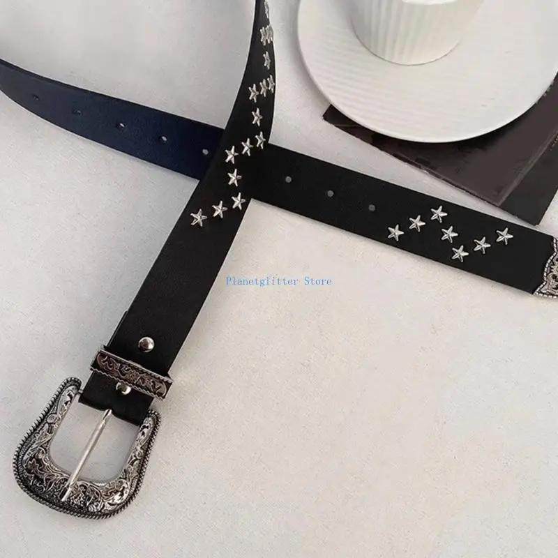 

652B Adult PU Waist Belt with Carved Floral Buckle Harajuku Personality PU Waist Belts for Women Coat Dress Adjustable
