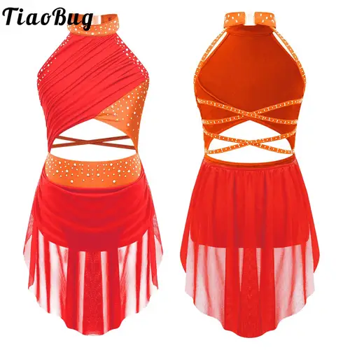 Vestido de baile lírico moderno sin mangas para niñas y niños, tutú de Ballet, leotardo de gimnasia, traje de actuación de patinaje artístico