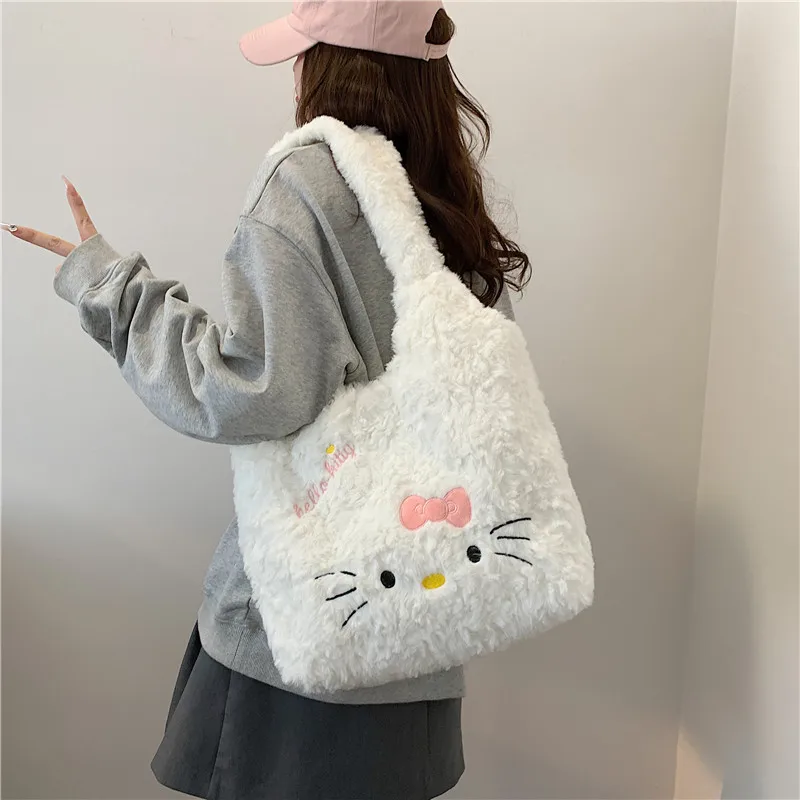 Cute Sanrio Hello Kitty Large Capacity Plush Fluffy Shoulder Bag Sweet Cute Zipper Plush Tote Bag Commuting Girls Birthday Gifts