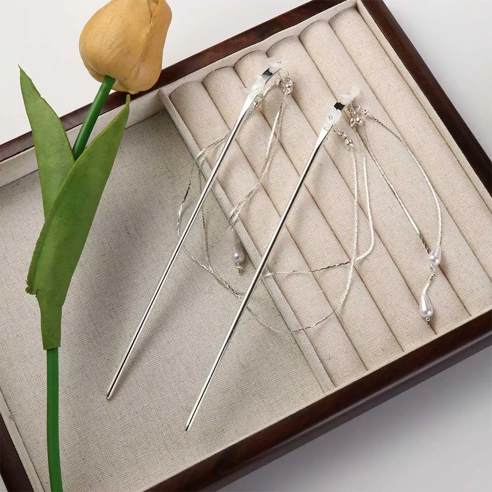 Insert For Women Headwear Ponytail Holder Fan Pearls Hair Fork Chinese Style Hairpins Double Tassel Hair Stick Hair Accessories