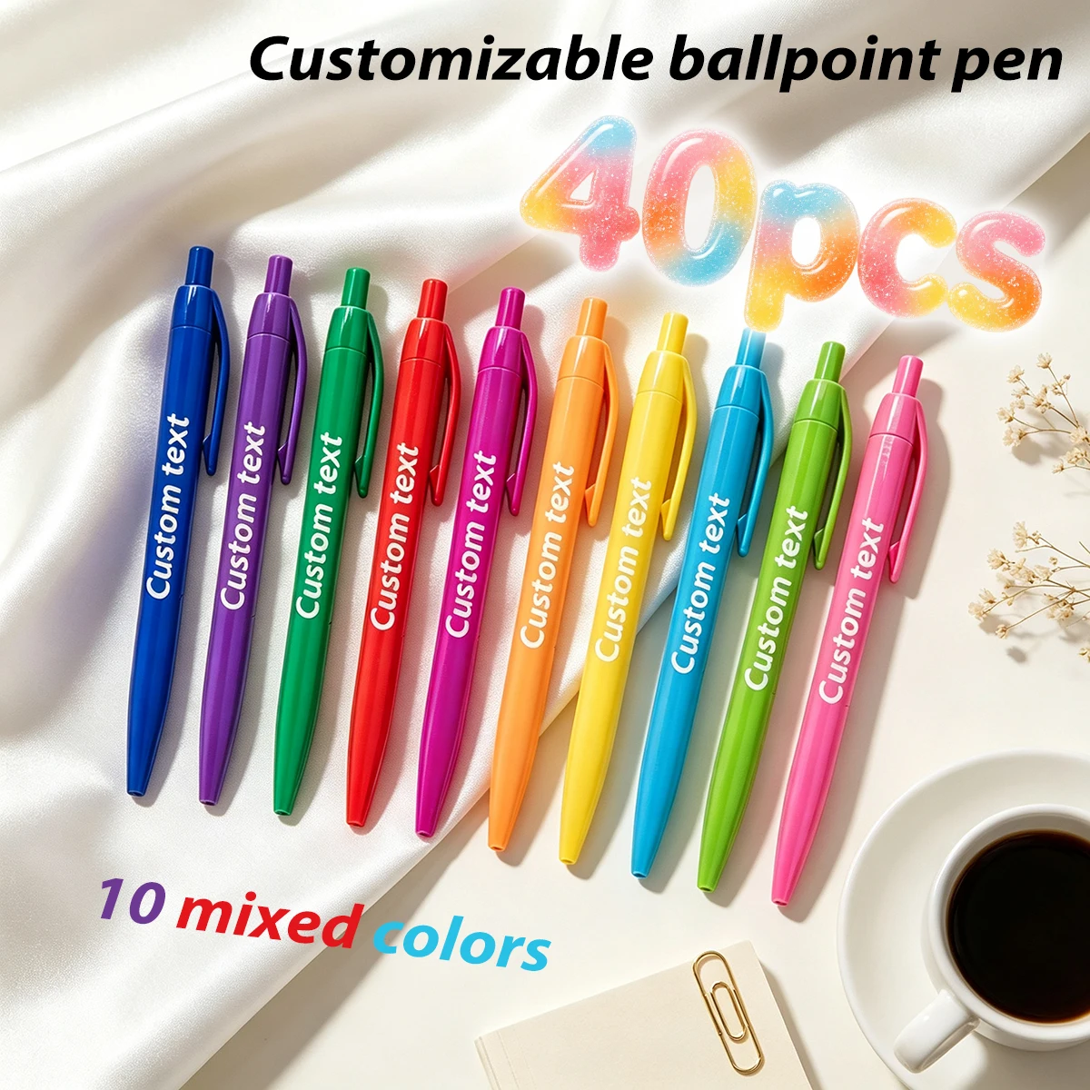 40/80pcs Customizable Text Ballpoint Pens 10 Colors Mixed Set Click-Type Personalized Office Wedding Party Gift Pens