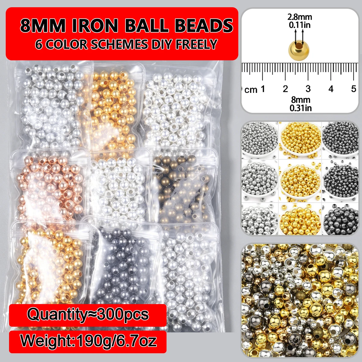 8 Colors 8mm 300Pcs Set Round Iron Beads Spacer Loose Beads for Jewelry Making Bracelet Necklace Keychain DIY Accessories