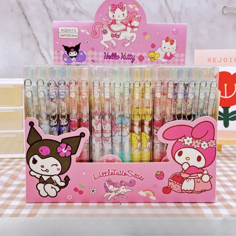 

Гелевая ручка Sanrio Press, 12/24 шт., 0,5 мм, черный металлический крючок, ручка для подписи, мультяшная ручка Hello Kitty Kuromi, студенческие офисные письменные принадлежности